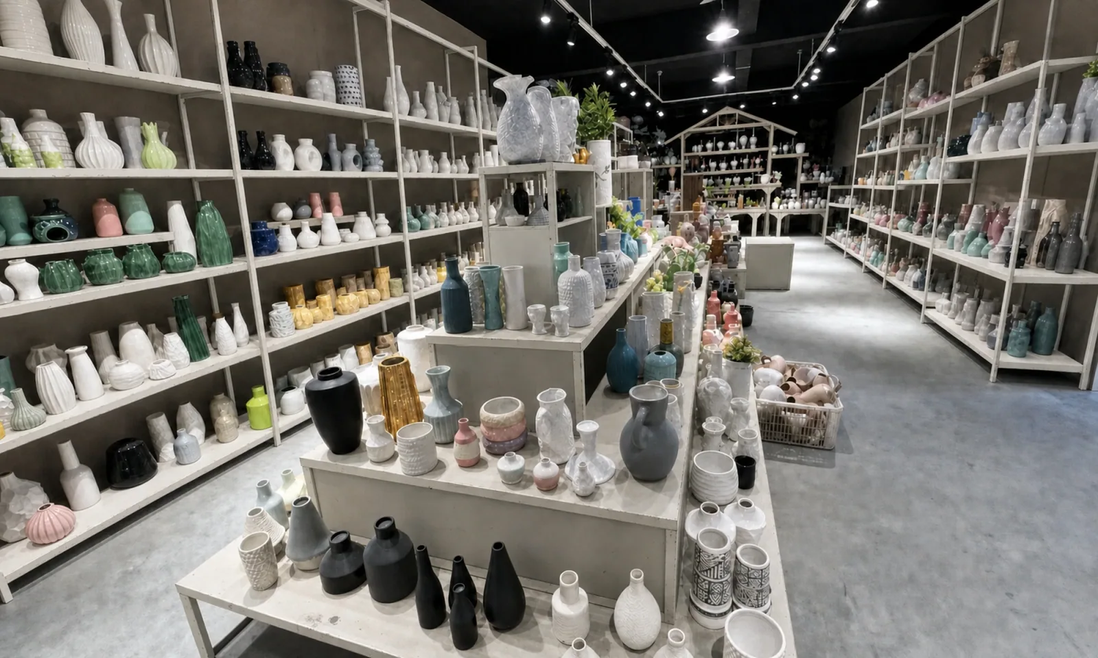 LWTIN ceramic sample collection studio with modern bronze and oak shelving