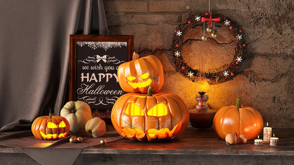 Illuminated pumpkin collection in a Halloween display