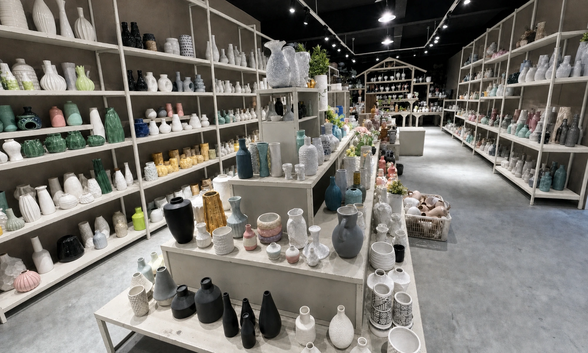 LWTIN ceramic sample collection studio with modern bronze and oak shelving