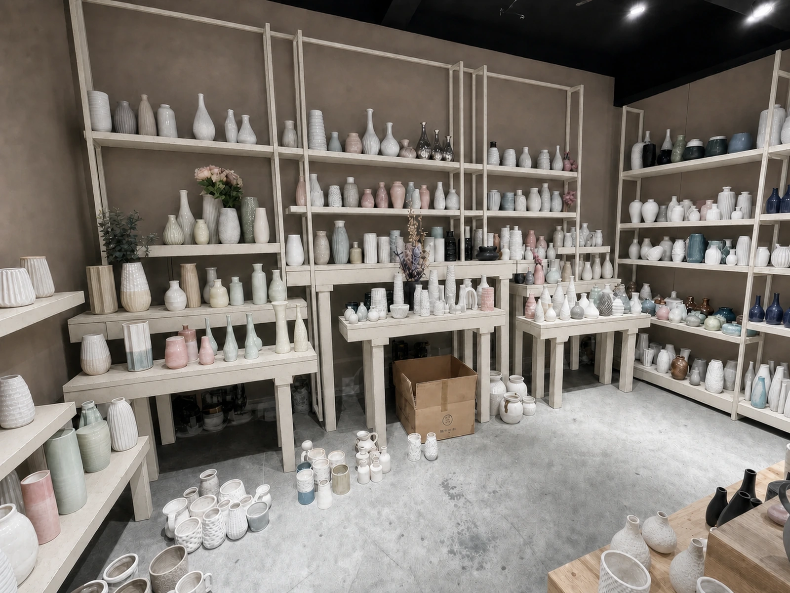 LWTIN approved ceramic quality samples on black steel and oak shelving