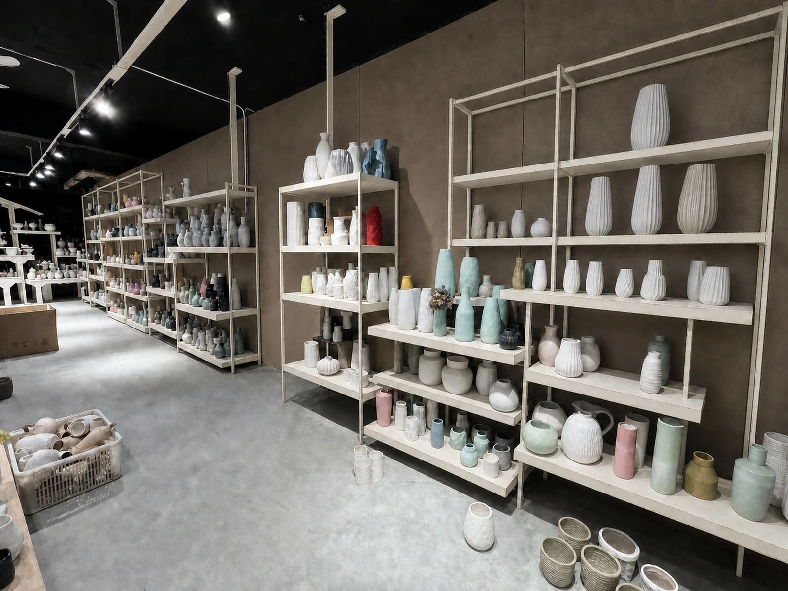 LWTIN ceramic sample room with unified dark bronze and oak display shelving