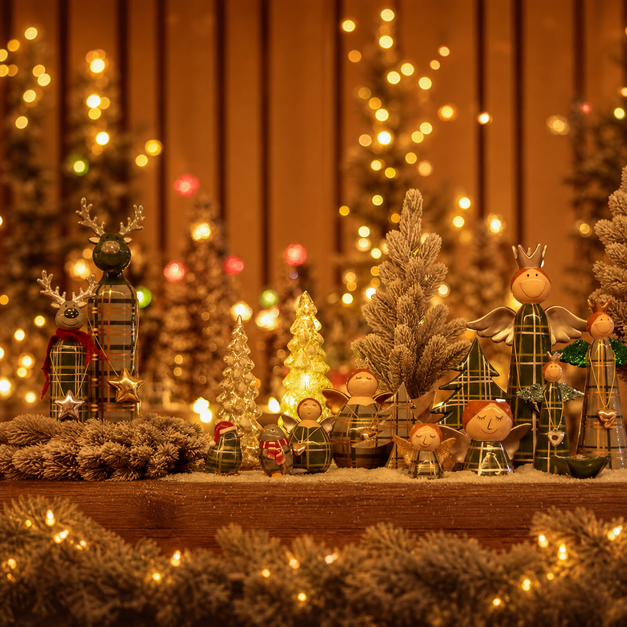 Warm golden Christmas display with reindeer, angels and illuminated decorative trees