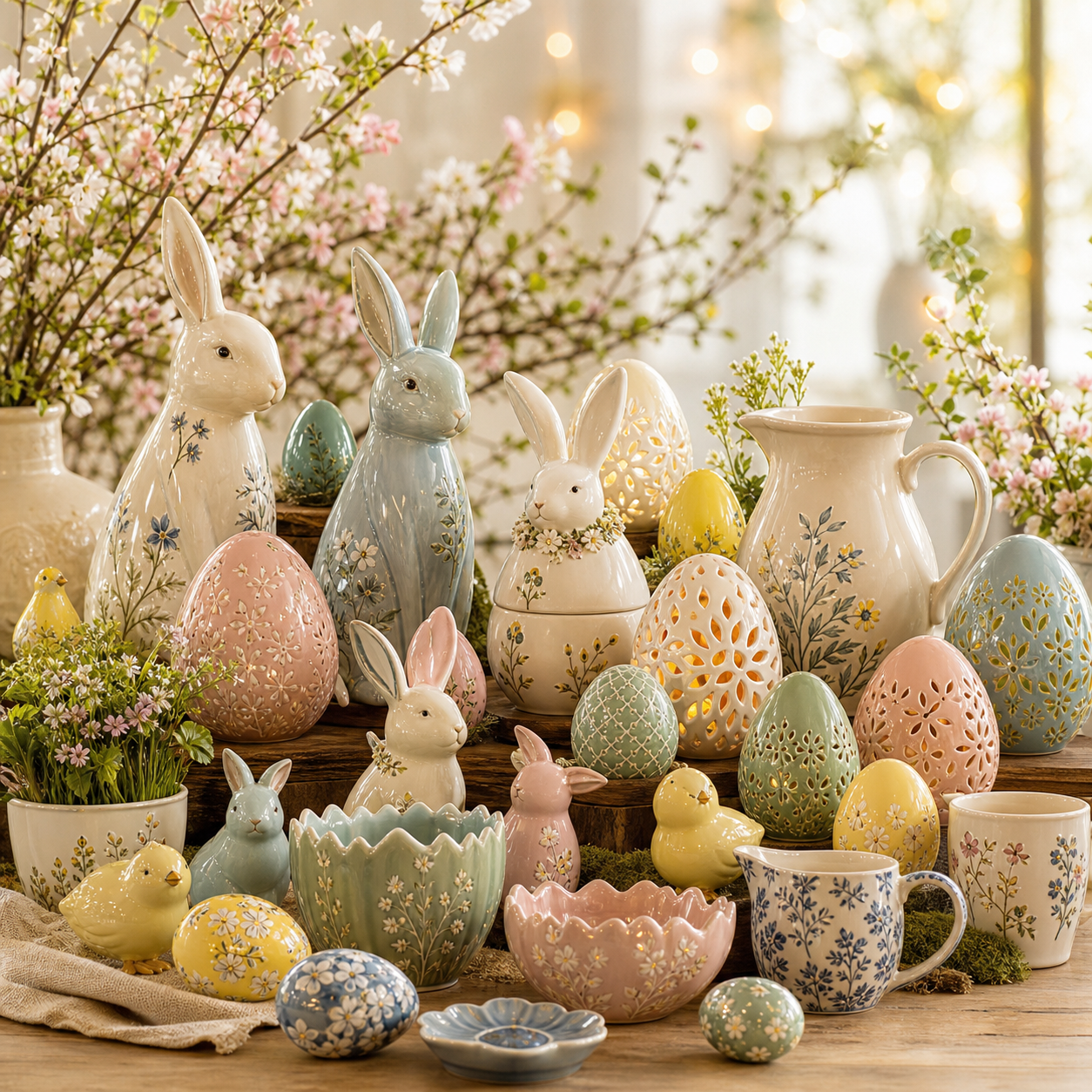 Coordinated Easter ceramic collection with rabbits, patterned eggs, lanterns, planters and tableware