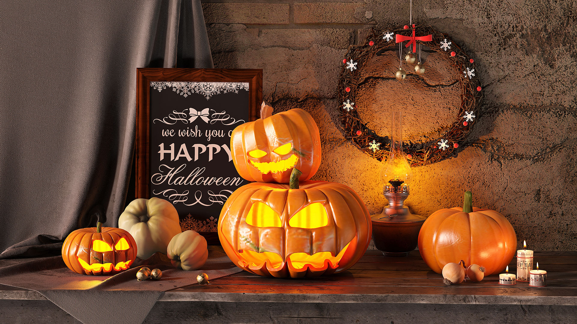Illuminated pumpkin collection in a Halloween display